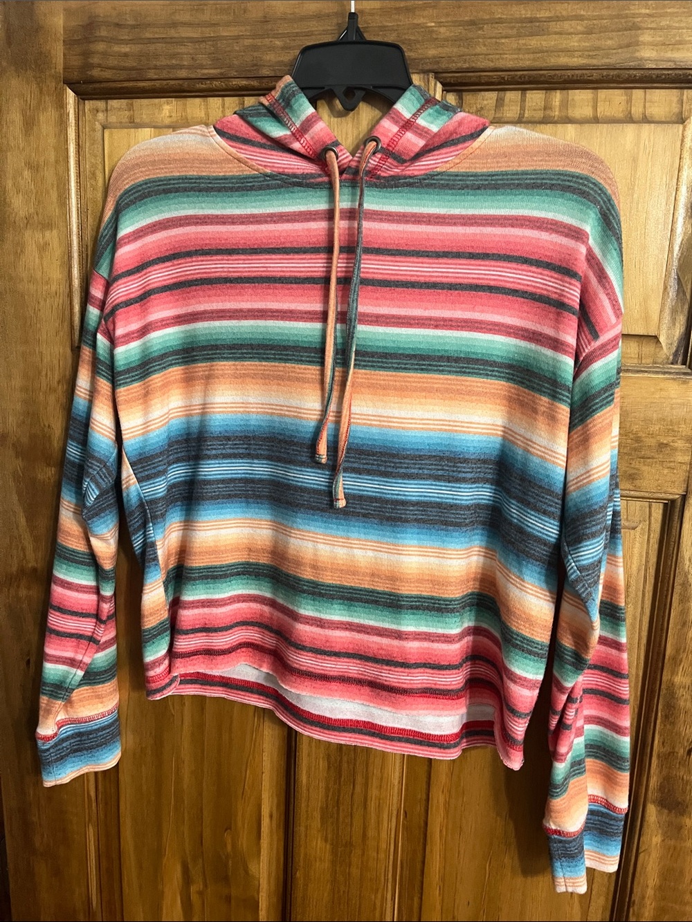 Striped Hooded Lightweight Pullover Sweatshirt in Coral, Teal & Mustard